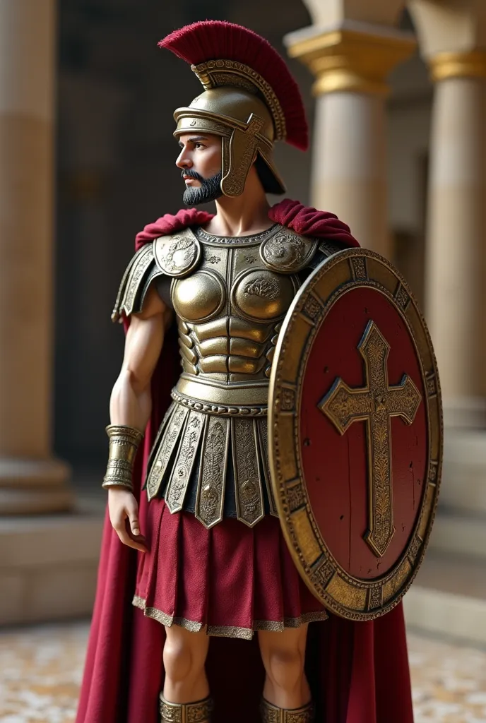 Create a doll that is a Roman and on the shield there is room for me to place a symbol that is in the shape of a cross 