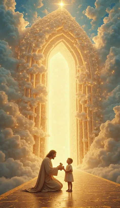 *"A majestic scene in the heavenly sky, where a huge, shining ramp, made of an ethereal, celestial blue light, leads directly to a huge, radiant golden heavenly door. The door, surrounded by luminous clouds and a divine aura, marks the entrance to the hous...