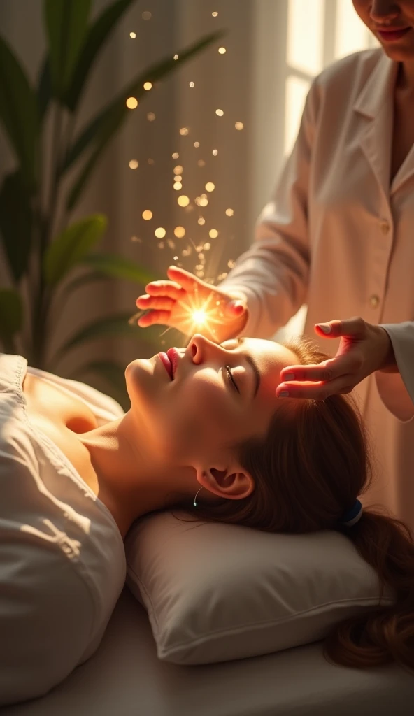 create realistic image of a patient in a therapy office lying down, Energy coming out of the therapist's hands facing down, Without showing the therapist's face. environment with soft colors, e luz natural