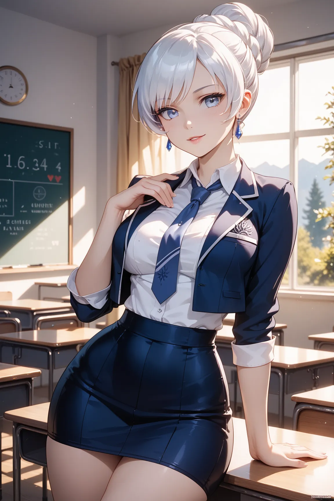 weiss schnee from rwby, white hair, sexy school teacher, tight school clothes revealing her figure, exquisite stone schoolroom, daylight coming in through windows, extraordinarily beautiful, wide hips, voluptuous, slim legs, hourglass figure, narrow waist,...