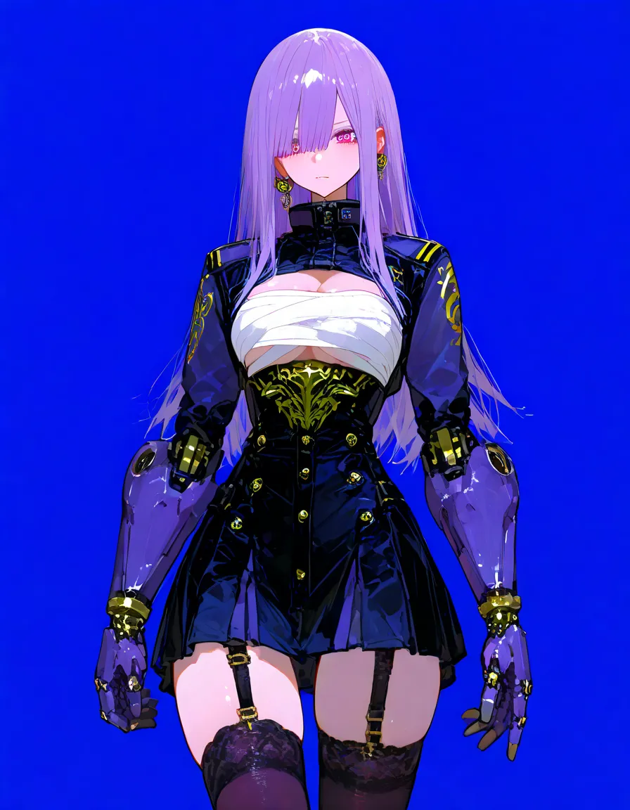    masterpiece、最     high quality  、     high quality  、    very aesthetic、     absurd、    latest、  girls on the left、 Gold、      purple long hair、devil 、      gal、   earrings、    Embroidered special attack suit、Sarashi short skirt 、    garter belt 、stocki...