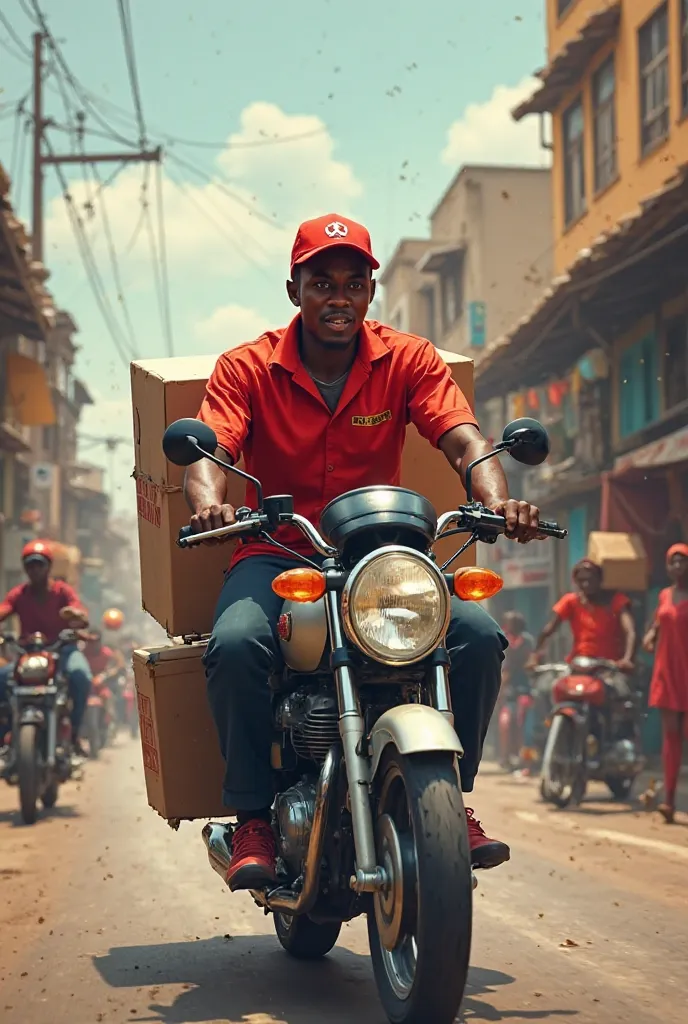 Black delivery man in Brazzaville dressed in red on a motorcycle with box behind 
