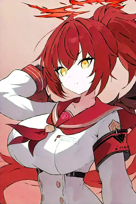 masterpiece、Highest quality、Very Aesthetic、absurd、、simple background、One person、 virtual youtuber 、viewers、A halo like a red flame、Red Hair、sharp golden eyes、Red Imaki Kaku、Wings of Red Iryu、Iryu-no Shirio、white sailor suit with red collar、big breasts、 fur...