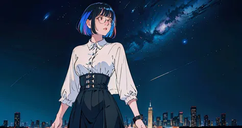 High-quality, beautiful illustration of a beautiful 20-something woman wearing revealing clothes and glasses standing coolly against a background of stars in the beautiful night sky and a distant urban nightscape. Shooting stars and the Milky Way are vivid...