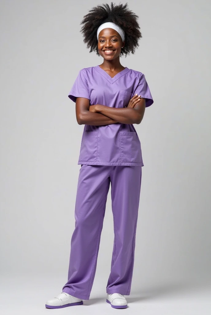 (photorealism:1.2) of a beautiful Nigerian lady a Nurse, wearing a Afro hairstyle, and wearing a white headband, a brand standing confidently, wearing a purple nursing clothes and a nurse slippers on. 