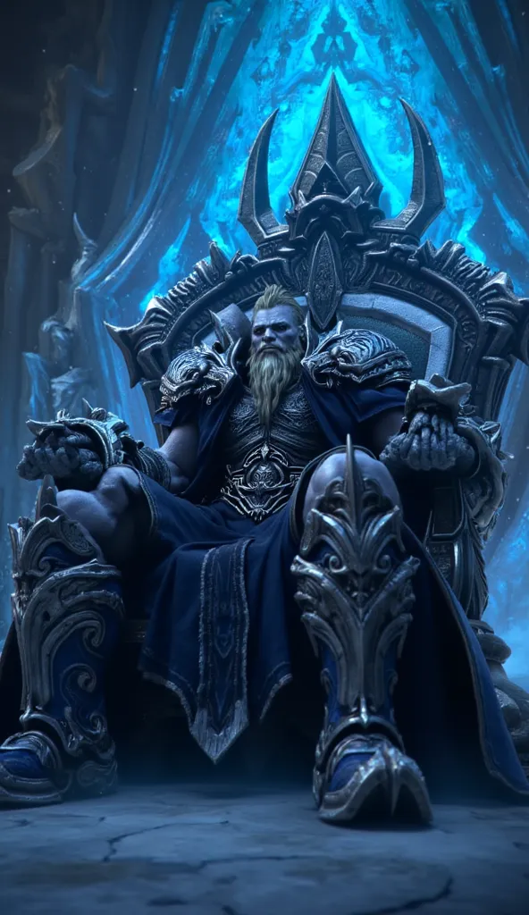 ((Hyperrealistic)) ((Precise)) ((High quality)) ((4k)) ((Perfect)) ((Masterpiece)) Arthas as the Lich King, he wields his ice blade Frostmourne that has its blade covered in ice, he is sitting on the ice trone without his helmet Ice Crown. Background is th...