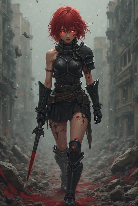 Anime-style illustration, injured female warrior with short red hair glowing faintly, wearing black battle armor with damaged bladed legs, walking weakly through a ruined battlefield, blood stains and scratches on her body, exhausted and determined express...