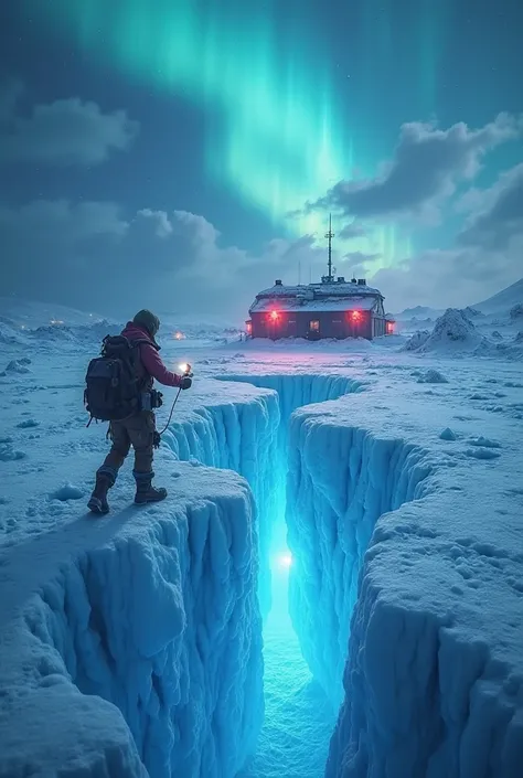 "An impactful and realistic miniature about the mysteries of Antarctica, In the style of the channel JJ The Return. The image shows a frozen landscape with a deep crack in the ice, emanating a mysterious blue glow . In the background, a research station co...