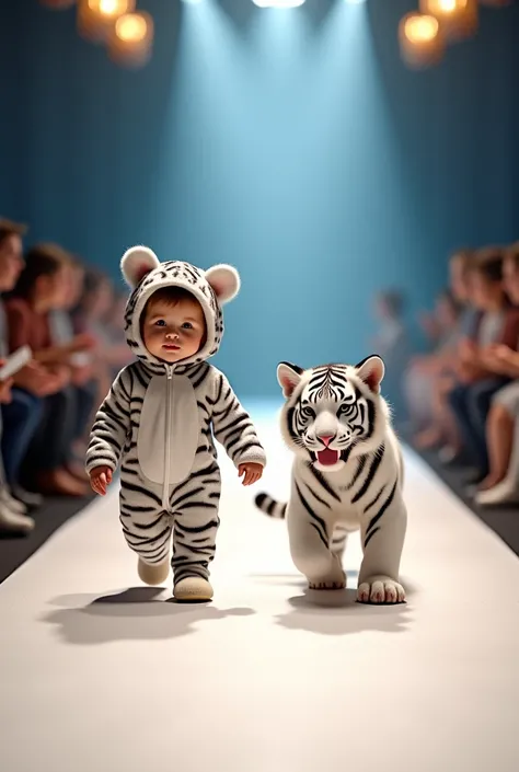 A cute and adorable image of a baby dressed in a suit white tiger, confidently parading down a runway alongside a baby white tiger. The baby wears a detailed costume, paws and a tail, looking like a white tiger cub. The white tiger cub, Next to the baby, w...