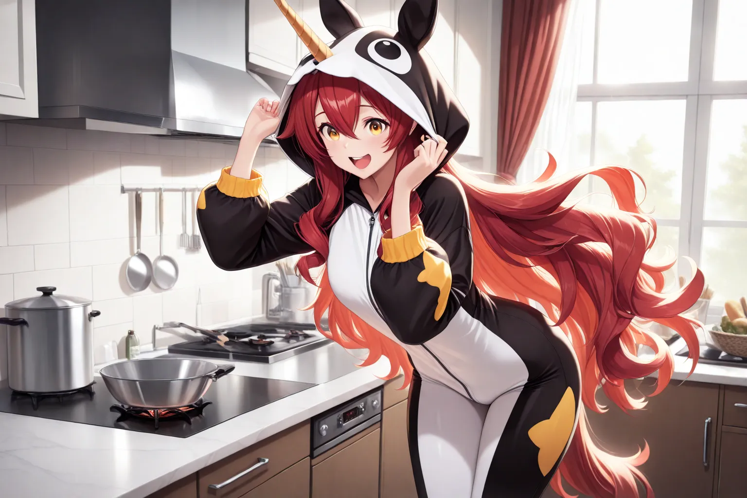 1 girl, golden eyes, red hair, very long hair, hair between eyes, beautiful, cool, solo, groggy, wearing a unicorn onesies plush suit, hood on the head, standing in the kitchen, modern kitchen, laugh, open mouth, window, light leaks, curtains, (masterpiece...