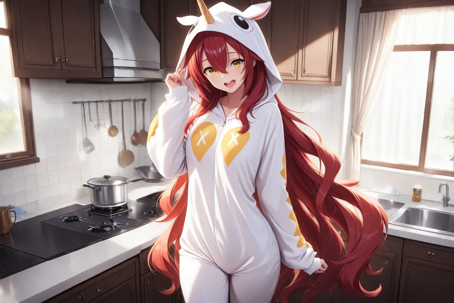 1 girl, golden eyes, red hair, very long hair, hair between eyes, beautiful, cool, solo, groggy, wearing a unicorn onesies plush suit, hood on the head, standing in the kitchen, modern kitchen, laugh, open mouth, window, light leaks, curtains, (masterpiece...