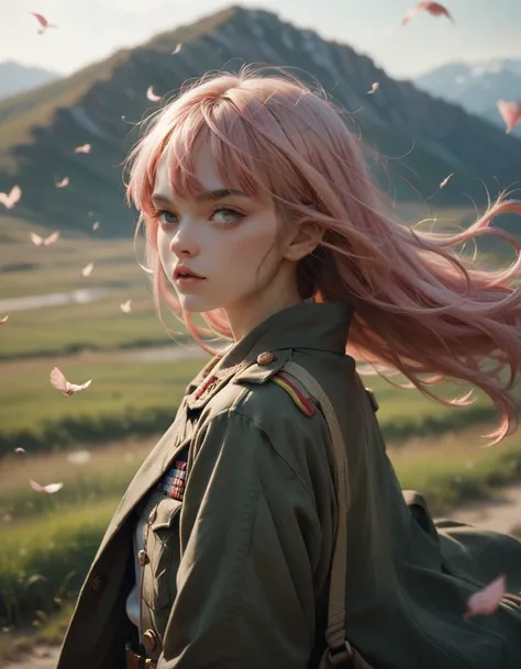 A japanese girl. Pink long hair with bangs. In the wind . Military jacket 