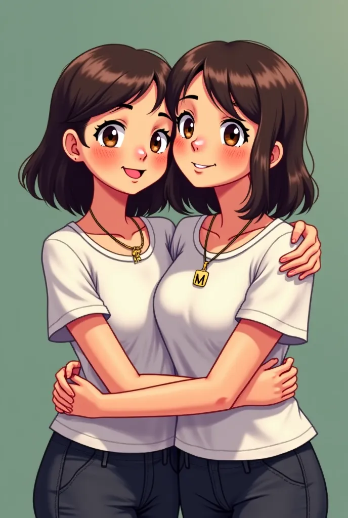 anime style, a age girl with medium length hair,  dark brown , brown eyes, with freckles and metallic lenses, And next to her mother, con cabello  dark brown  y por abajo marrón claro, con brown eyes, a wart under her right eye, white shirt and black pants...