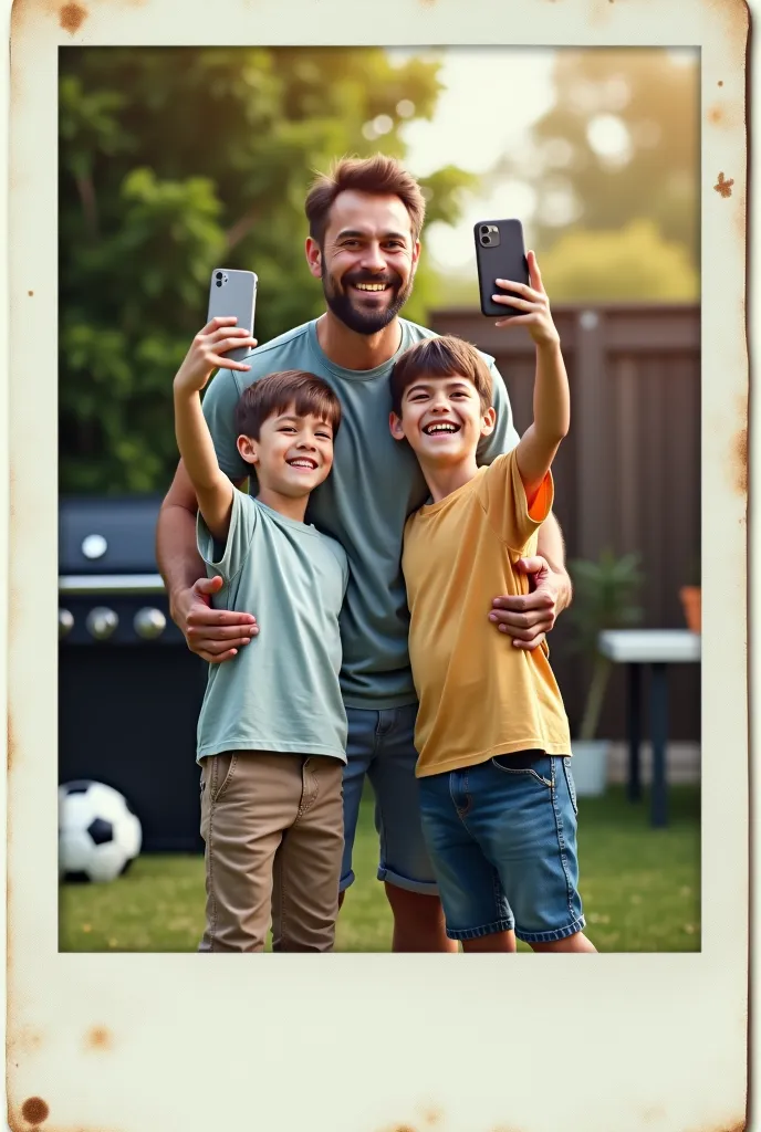 A photo of Polaroid (Polaroid borders). Two age boys taking selfies with their father in front of a grill, The father smiles pointing at a soccer ball. 8k,  realism