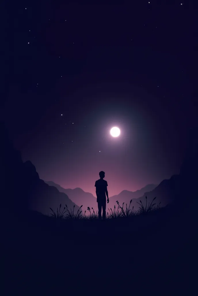 

"A minimalist yet artistic digital illustration featuring a poetic and dreamy vibe. The design should include a subtle silhouette of a person (gender-neutral) gazing at the moon or a starry night, with a soft, glowing aura around them. The background sho...