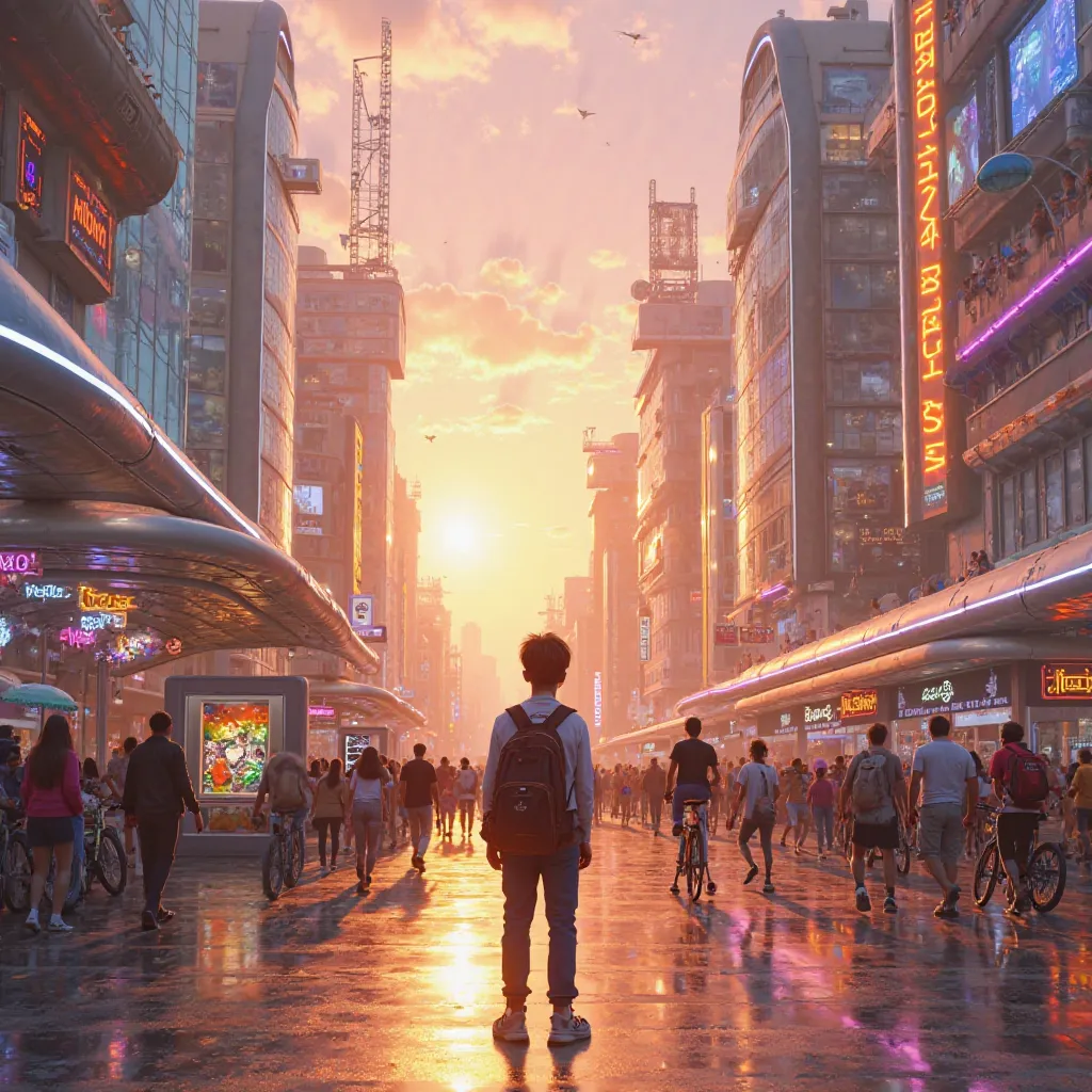 The boy stands in the middle of a bustling, ultra-modern city street during the golden hour, with the sun casting a warm, almost surreal glow over everything. The skyline is filled with sleek, futuristic buildings with glass facades, reflecting the sun’s l...