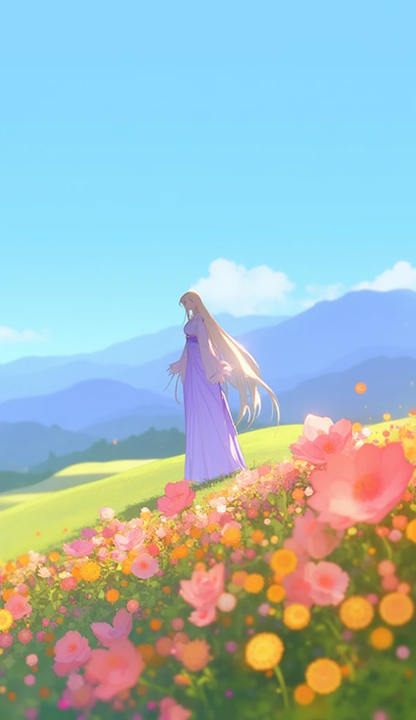  a serene and picturesque landscape with vibrant flowers and rolling hills under a bright blue sky. In the foreground in a field of colorful flowers, including pink, orange, and yellow blooms.In the background, a female figure stands on a slightly elevated...