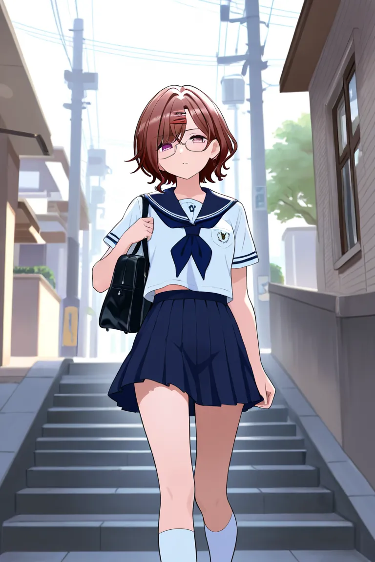 Create an image of Madoka Higuchi from THE iDOLM@STER Shiny Colors wearing a sailor school uniform while walking down a street with blossoming cherry trees, Only Madoka Higuchi should appear in the image, without wearing glasses and without changing the co...