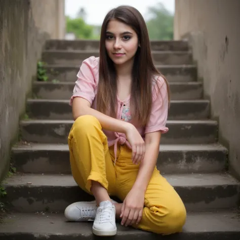 woman sits on a staircase. Has a pink blouse on. Yellow pants and wise sneakers.  style photorealistic ,  full body