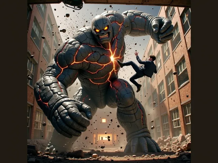 Create an image of a colossal monster made of stones, 4 meters tall, in an urban school setting. The monster has a sturdy body, Cracks, threatening,glowing with internal energy and glowing eyes. He is in the middle of a powerful blow, slapping Noah, a youn...