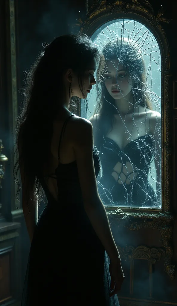 *"In a dark room, a breathtaking creature stands in front of an old, broken mirror. her back is turned towards the viewer, silhouette of supernatural elegance and grace. Your long, flowing hair seems to merge with the shadow, shimmers softly in low light, ...