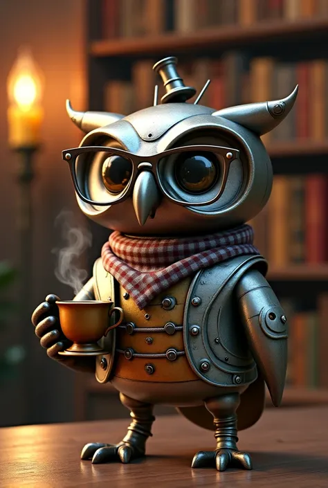 A hyper-realistic, ultra-high-definition 4K render of a bizarre yet charming creature, an owl made of old, corroded metal, with subtle elements of a kettle integrated into its form. The body is primarily metal with a slightly dulled, worn texture, showcasi...