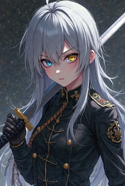 Gray Hair、Beautiful Girl、 black military uniform、Hit the sword、illustrations、odd-eye