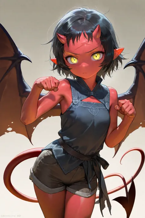 ( Masterpiece : 1.2), (    very detailed: 1.2), (    very detailed CG: 1.2), (    HD: 1.2), 1woman, Imp, red skin, black hair color, messy bangs, two small horns on forehead, light red skin, bat wing, bright yellow eyes, cat pupils, long pointy ears, simpl...