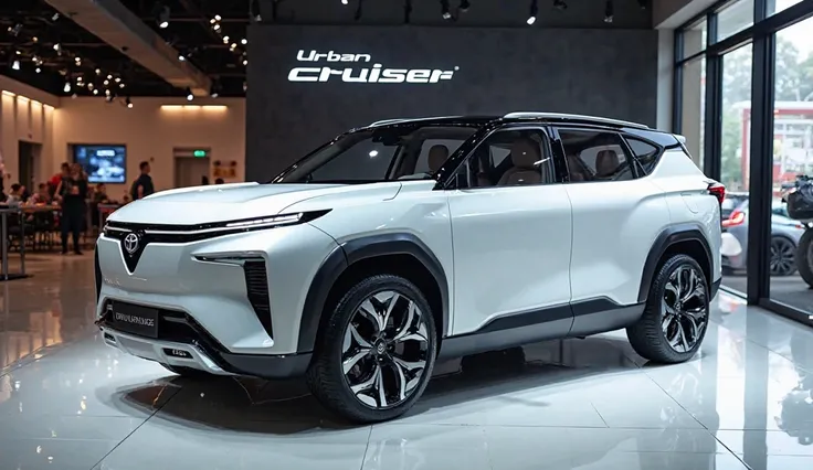 "A futuristic 2025 model Toyota Urban Cruiser, white color, left-side full HD view. The SUV has a sleek and modern body with aerodynamic curves, stylish alloy wheels, and sharp LED lighting. The name 'Urban Cruiser 2025' is clearly visible on the showroom ...