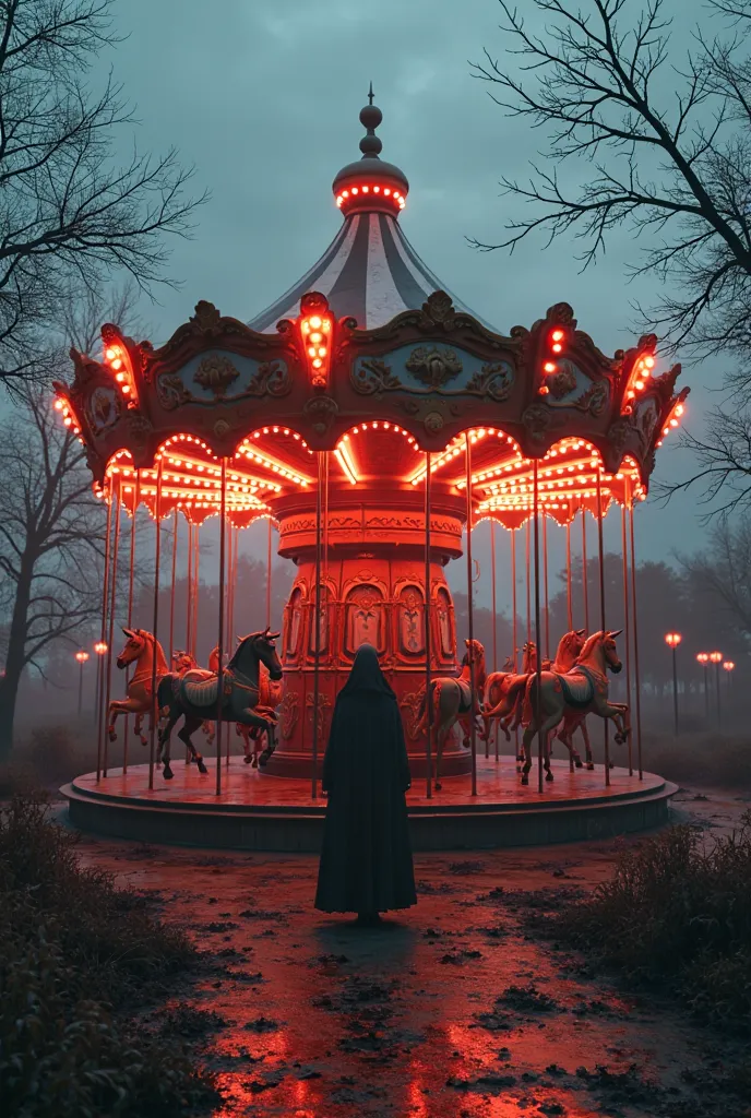  Amusement Park、 merry-go-round 、evening、Blood、horror atmosphere、 real 、high image quality、