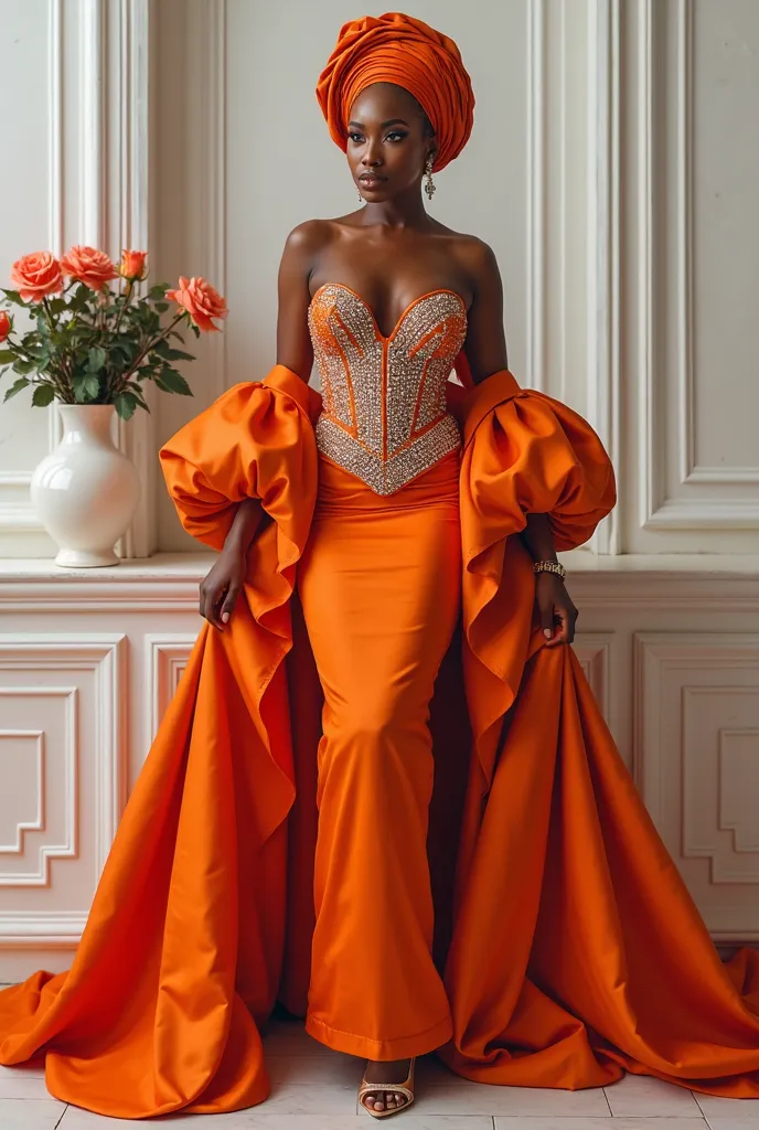 A close up half realistic image of a beautiful Yoruba Nigerian size 14 woman Melanin skin,wearing a dramatic orange George material gown with corset embellished with dazzling stone, with a statement sleeves,with a flawless makeup,tying a round shape gele h...