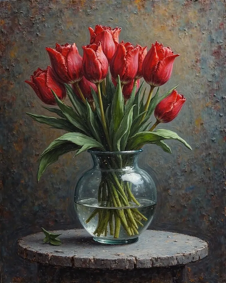 Oil painted painting with well-marked brushstrokes and thick lines. The composition is “dark tulips in an old, round glass vase with water”. All seen from the front. The surface is a dark gray stone table seen from the front, You can only see the edge of t...