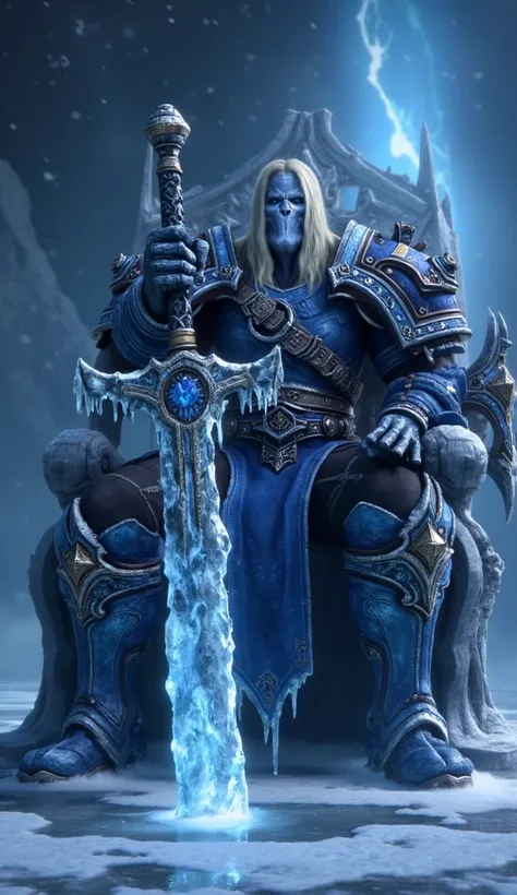 ((Hyperrealistic)) ((Precise)) ((Perfect)) ((Masterpiece)) Arthas as the Lich King, he wields his ice blade Frostmourne that has its blade covered in ice, he is sitting on the ice trone without his helmet Ice Crown. World of Warcraft style art.