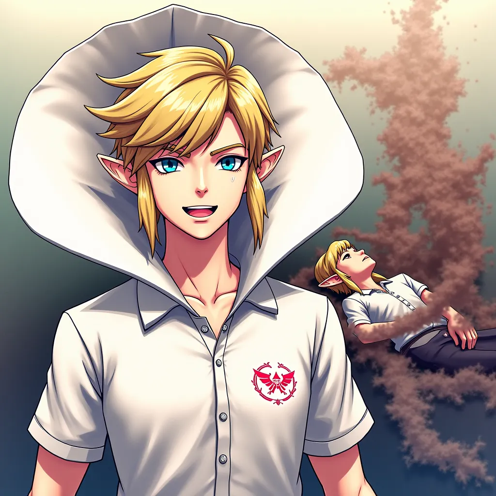 Anime Legend of Zelda King Link wearing a Massive popped collar polo with a collar so high it's taller than his head he stabbed Princess Zelda to death