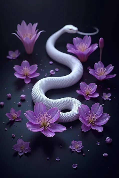 A book cover that represents a white snake lying on intense purple Lycoris in a plain black background. 