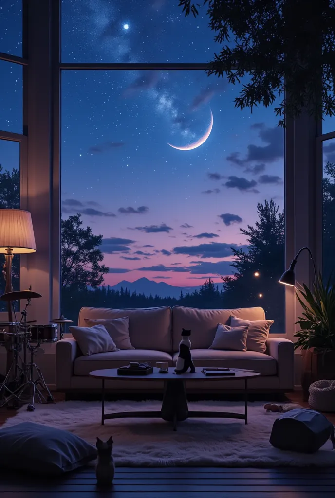 Draw a sofa, table, guitar, drums, and cat in a large room。Please draw a night sky outside the window。