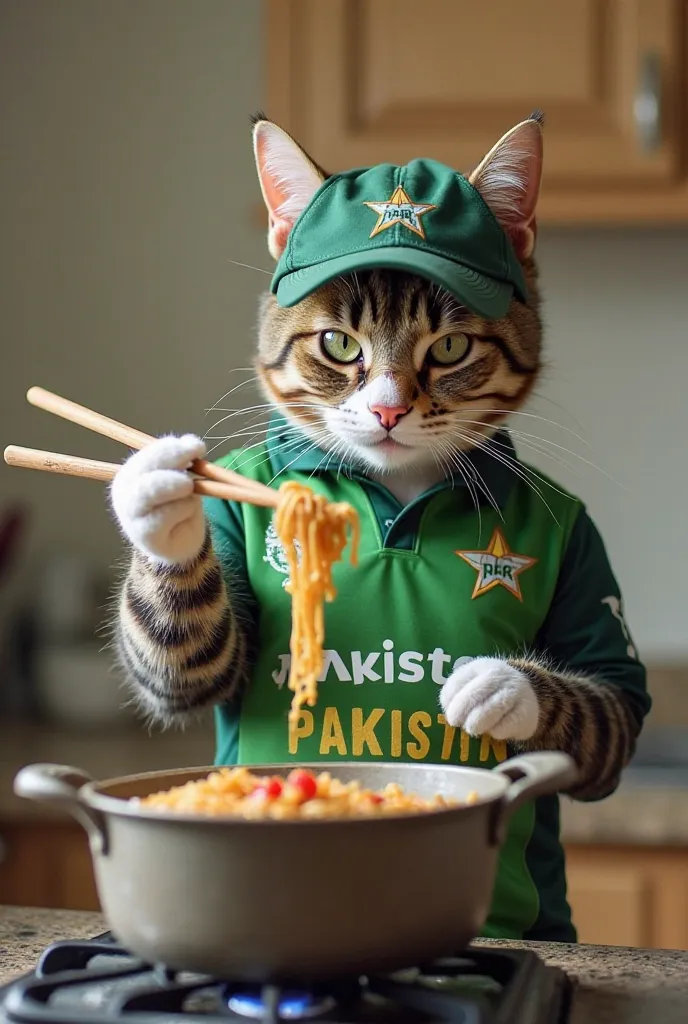 The Cat’s Appearance: The cat, wearing the green and white cricket uniform of the Pakistani national cricket team, stands on the opposite side of the stove. Her outfit is similar to the rabbit’s, featuring the cricket team’s logo, a cap, and an athletic lo...