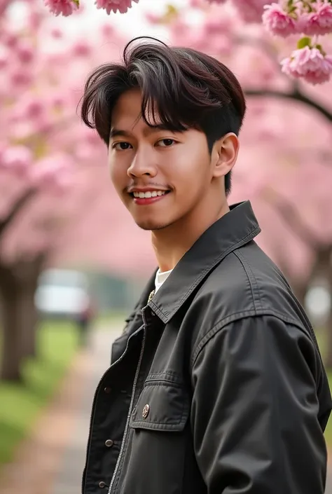 double exposure, cover photo of the film entitled "Friday Blessings". The cover shows a handsome Korean man with trendy short hair, wearing jacket clothes, standing smiling slightly facing the camera. The background is a beautifull Cherry blossom garden. T...