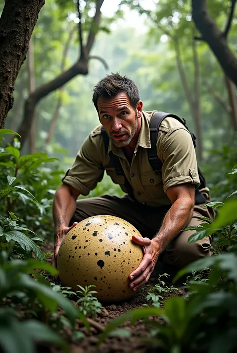 Generate an image of Frank from the Jungle surprised to find a dinosaur egg in the jungle of Brazil 