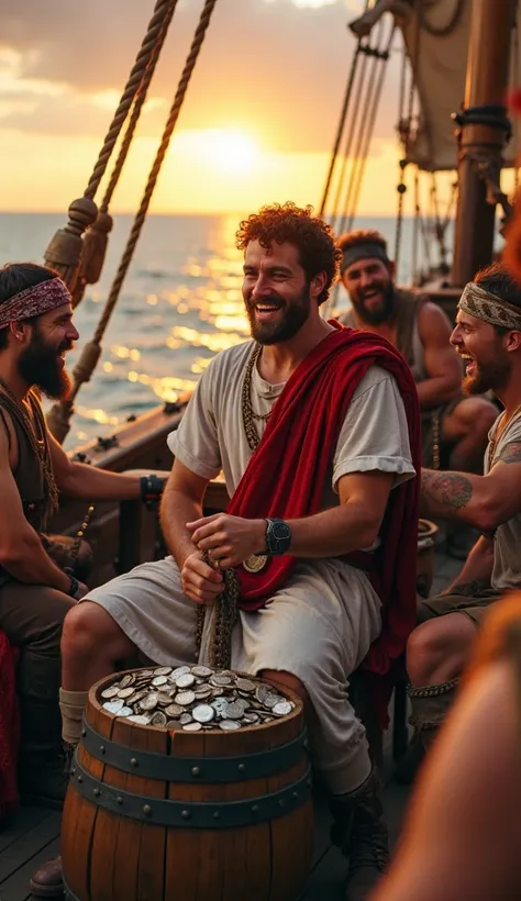 A historical scene set on a pirate ship during sunset. Julius Caesar, a Roman general with short curly hair, wearing a white and red toga, sits confidently on a wooden barrel. He has a smug expression, pointing at a sack of silver coins while laughing. Sur...