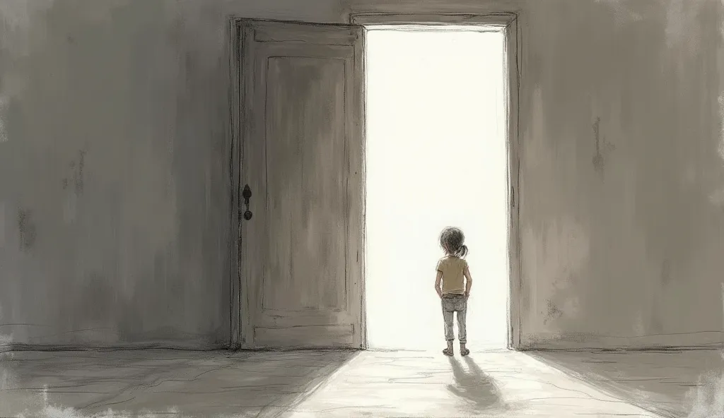 A pencil-drawn character stands before a massive door, hesitant and unsure. A shadow of doubt hovers over them, emphasizing their inner struggle. The background is blank, highlighting the character’s emotional state."
Add intense motion blur to the scene l...