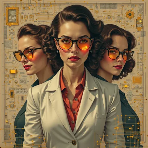 A retro-style collage with 1940s tech blueprints, glowing circuit boards, and portraits of determined women in lab coats, muted sepia tones with pops of gold