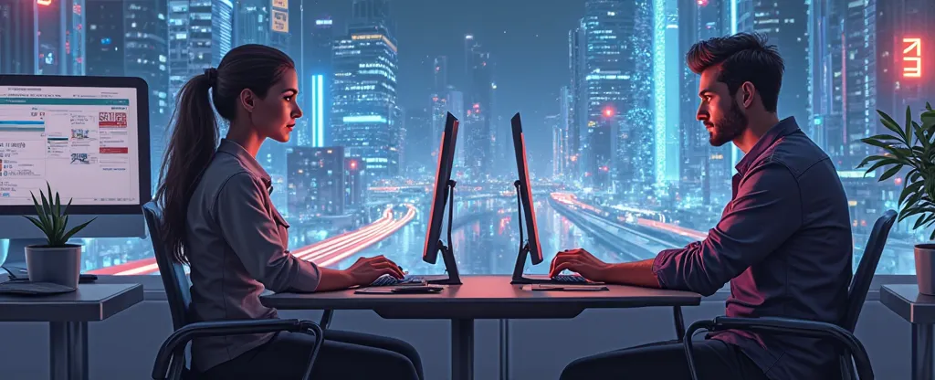 Create a highly detailed and realistic image featuring three characters:

Top-left: A woman sitting at a desk, facing right, working on a computer. Her expression should be focused and professional.

Top-right: A man sitting at a desk, facing left, also wo...