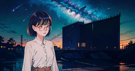 This high-quality, beautiful illustration shows a beautiful 20-something woman in revealing clothes and glasses standing coolly against a background of stars in the beautiful night sky and a distant urban nightscape. Shooting stars and the Milky Way are vi...