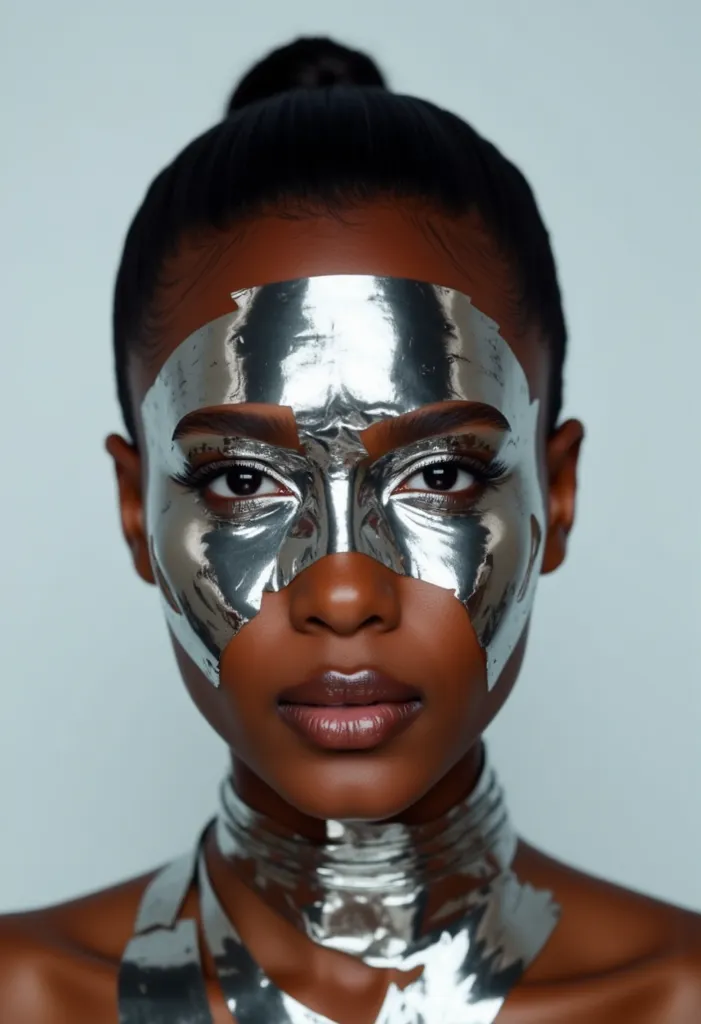 blacktapeproject, african girl, standing in a studio, silver tape, erotic, sexy, front view,portrait