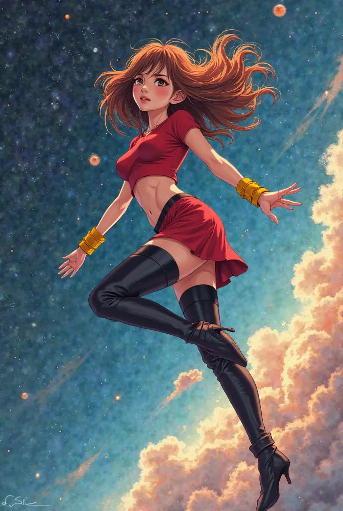 ( Anime style photo ) A woman flying in space wearing a short tight red blouse, a short red skirt , black pants that reach the knees, yellow wristbands and yellow boots.