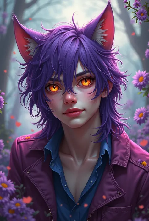 Generate digital art-style images of a boy between 20-26 years old, inspired by the cheesire cat from Alice in Wonderland, long, disheveled purple hair, eyes one orange the other gold, Shit- less