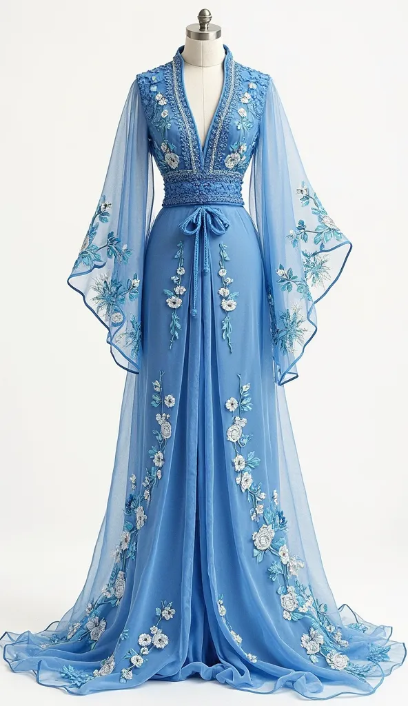 "Create a Hembo-inspired dress drawing using blue tones, emphasizing the combination of traditional Hong-style patterns with elaborate embroidery and subtle details that represent cultural heritage. Dresses should convey elegance and sophistication, along ...