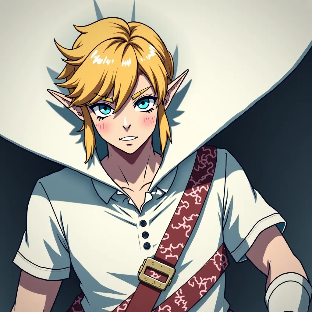 Anime Legend of Zelda King Link wearing a Massive popped collar polo with a collar so high it's taller than his head he stabbed Princess Zelda to death