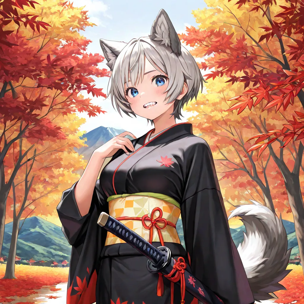 ((masterpiece)), (( Highest quality)), (( High Resolution)), 、8k、((   Detailed Description  )),  adult female in her 20s 1(  wolf ear、gray hair、 shortcut、 short hair 、 straight 、 blue eyes、 wolf tail 、cute、、medium breasts)、((、、 Autumn Scenery、Autumn leaves...